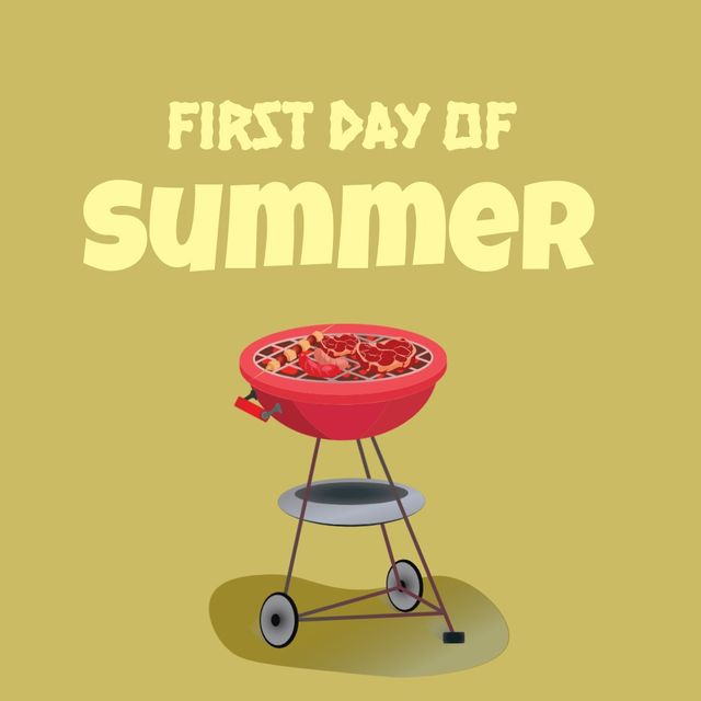 Digitally generated image of first day of summer text over barbecue grill against colored background - Download Free Stock Templates Pikwizard.com