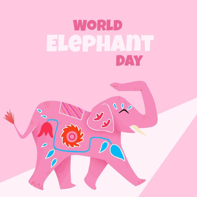 Illustration of elephant with world elephant day text on pink background, copy space - Download Free Stock Templates Pikwizard.com