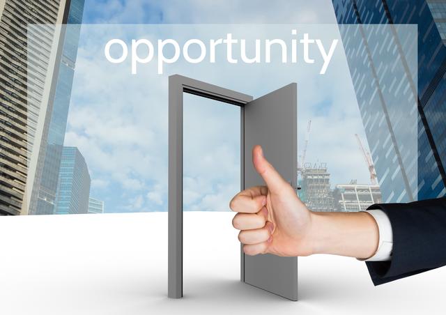 Opportunity text with hand showing thumbs up against an open door - Download Free Stock Photos Pikwizard.com