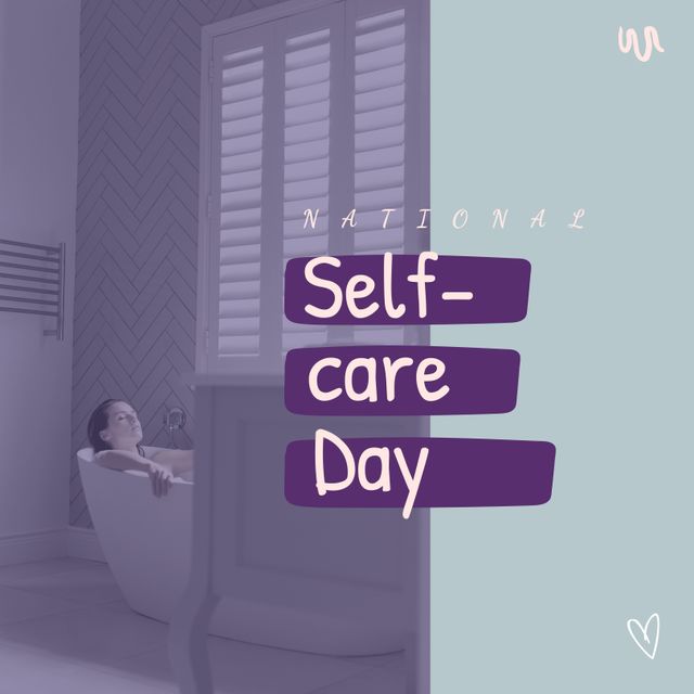 Composition of national self-care day text over caucasian woman taking bath in bathroom. National self-care day concept digitally generated image.