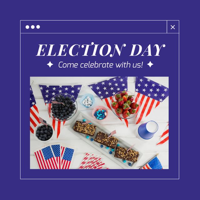 Composition of election day and come celebrate with us text over sweets and fruit on blue background. Election day and celebration concept digitally generated image.