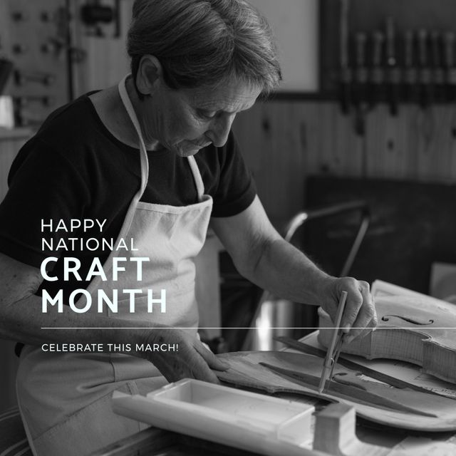 Composition of national craft month text over female violin maker in workshop. National craft month, craftsmanship and small business concept.