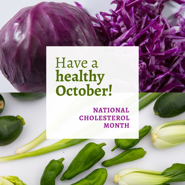 Image of have a healthy october over red cabbage and green vegetables. Seasons, autumn, food and nutrition concept.
