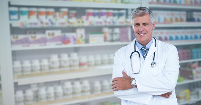 Portrait of confident male doctor standing arms crossed at pharmacy - Download Free Stock Photos Pikwizard.com