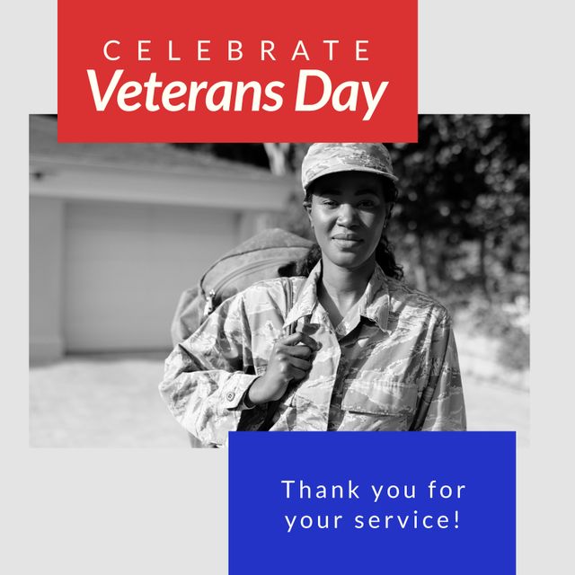 Composition of veterans day text over african american female soldier. Veterans day and celebration concept digitally generated image.