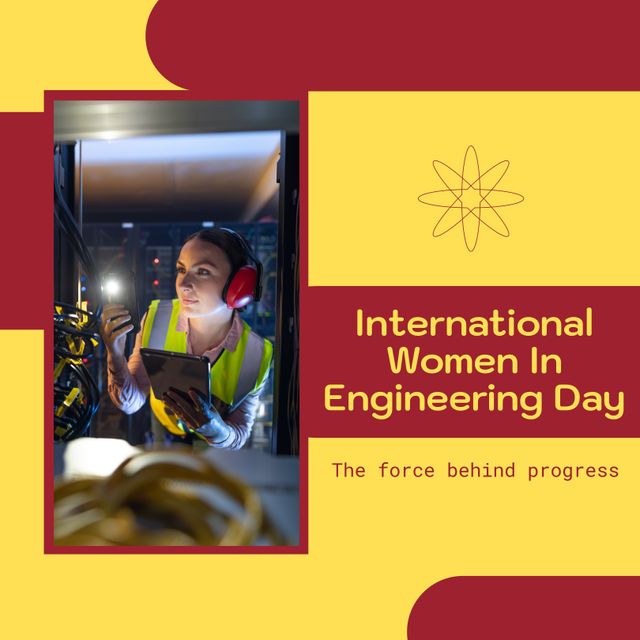 Caucasian woman with tablet examining networking cables and international women in engineering day. Composite, text, technology, the force behind progress, engineer, awareness, support and career.
