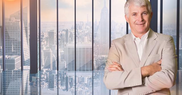 Businessman standing with arms crossed against cityscape in background - Download Free Stock Photos Pikwizard.com