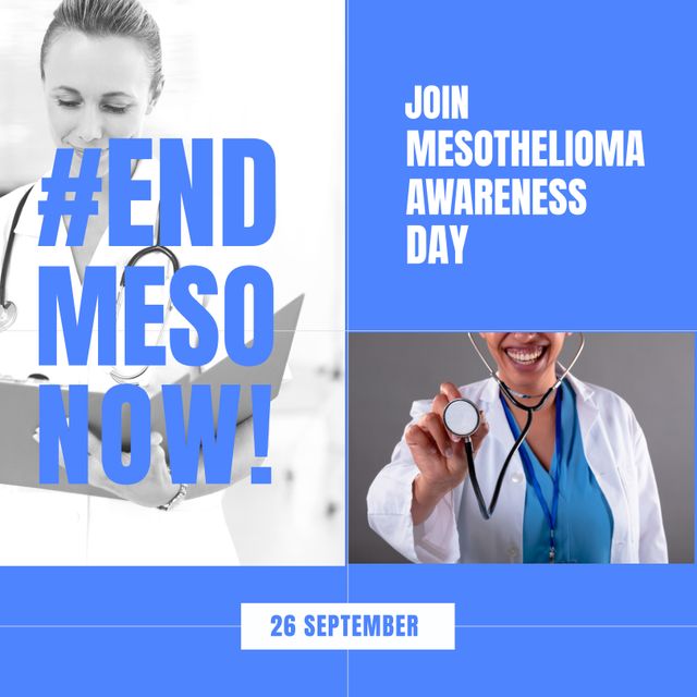 Square image of mesothelomia text with happy caucasian doctors. Healthcare and medicine, mesothelomia and cancer awareness campaign.