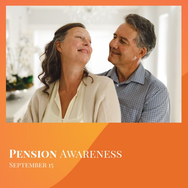 Happy caucasian senior couple at home with pension awareness text in orange frame, copy space. Importance of pension, savings, raise awareness, financial wellbeing, retirement planning.