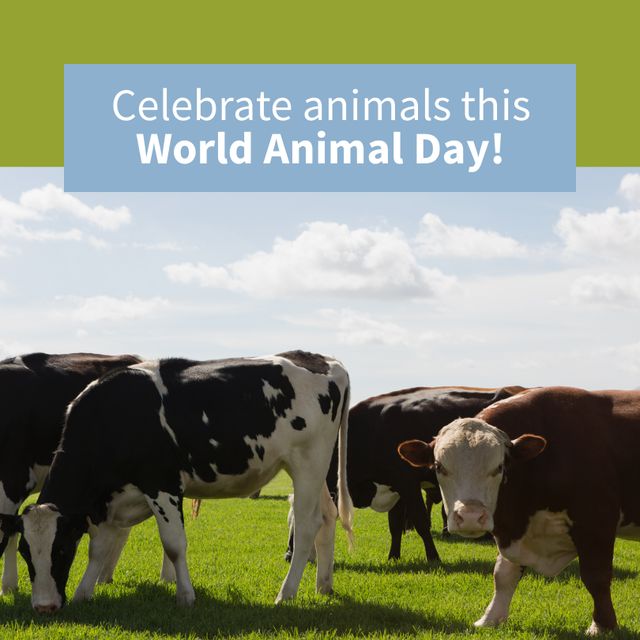 Composition of celebrate animals this world animal day text over cows. World animal day and celebration concept digitally generated image.