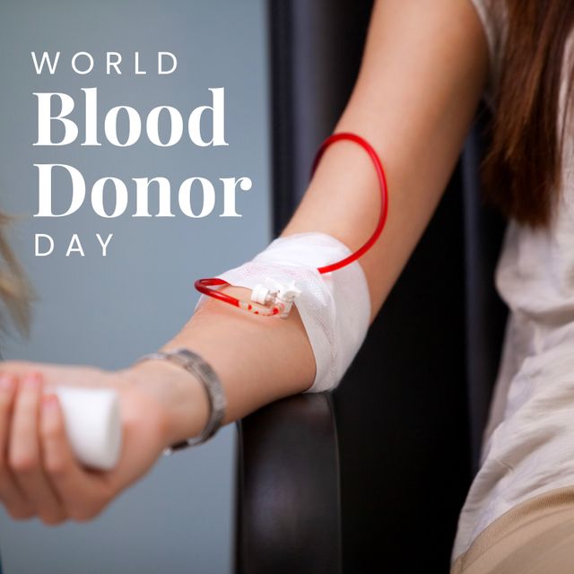 World blood donor day text in white over arm of caucasian woman giving blood donation. Celebration and awareness day in support and appreciation of medical blood donation volunteers.
