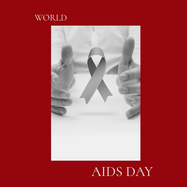 Composition of world aids day text over hands and aids ribbon. World aids day and celebration concept digitally generated image.