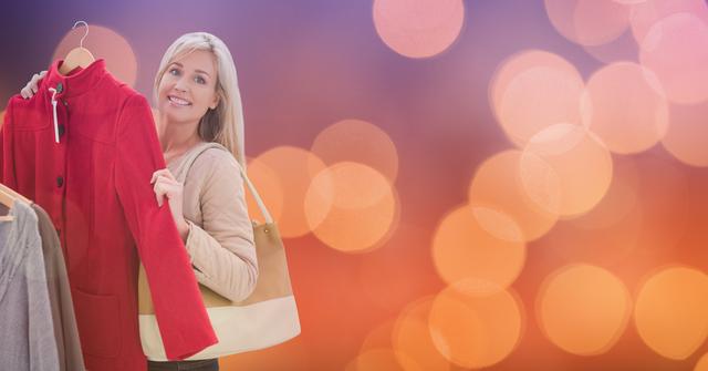 Portrait of woman buying red jacket over bokeh - Download Free Stock Photos Pikwizard.com