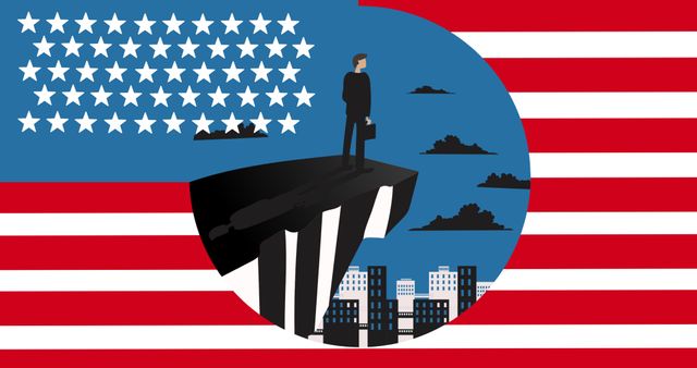 Illustration of businessman and city in flag of america, copy space. Vector, labor day, federal holiday, honor, recognition, american labor movement, celebration, appreciation of works.