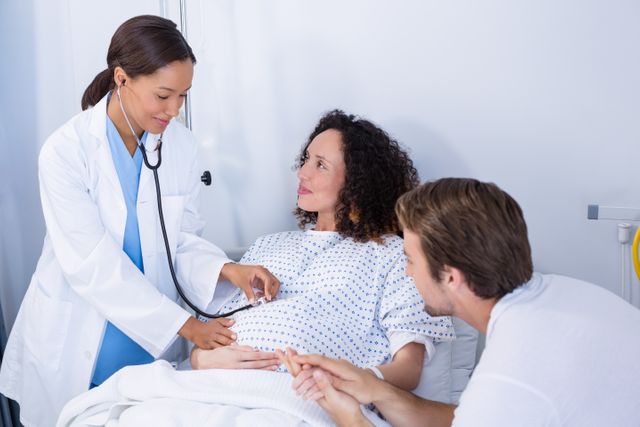 Doctor examining pregnant woman in ward of hospital