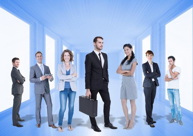 Business executives standing in room with blue background - Download Free Stock Photos Pikwizard.com