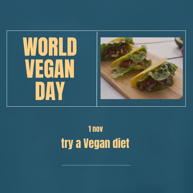 Composition of world vegan day text with tacos on blue background. World vegan day and celebration concept digitally generated image.