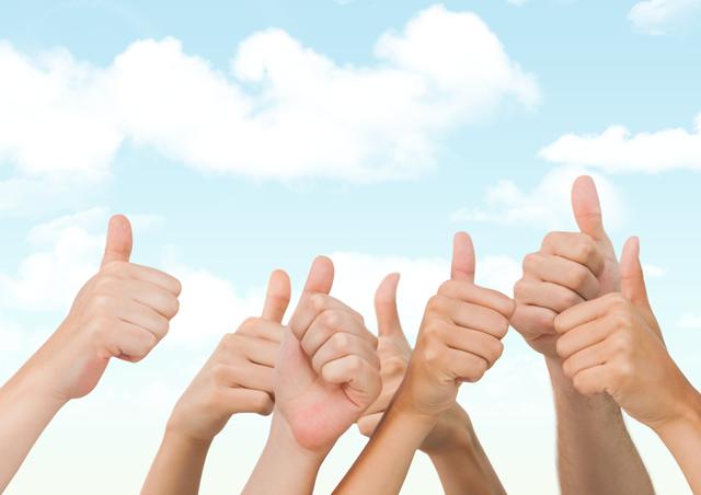 Many hands thumbs up against blue sky - Download Free Stock Photos Pikwizard.com