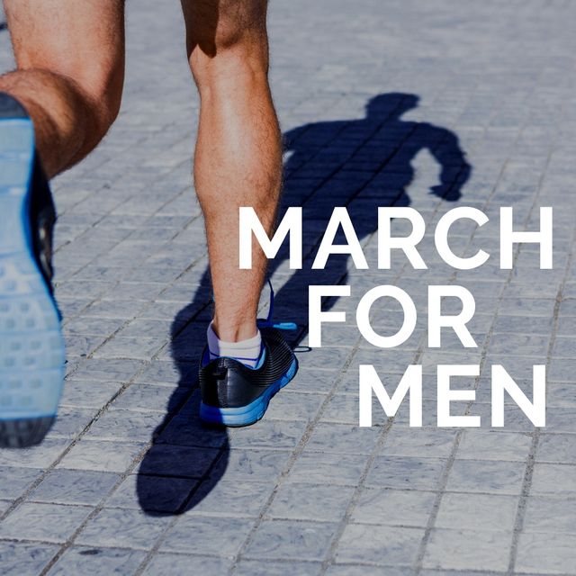 Low section of man running on footpath during sunny day with march for men text. digital composite, event and prostate cancer awareness campaign concept.