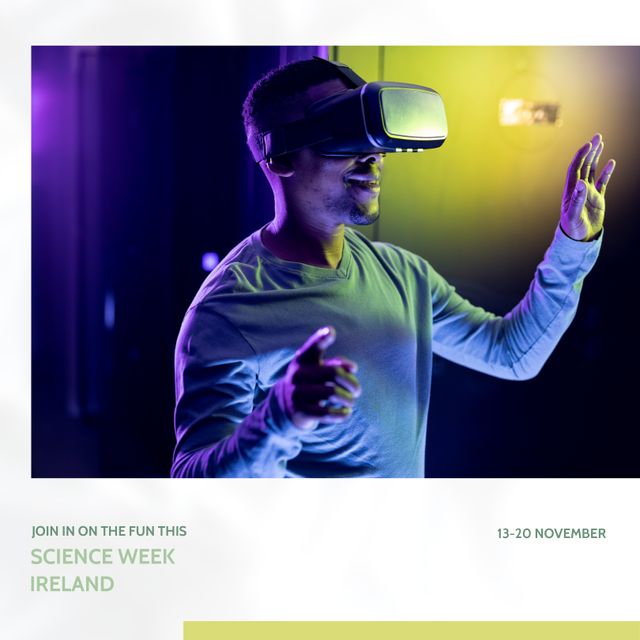 Composition of science week ireland text over african american man with vr headset. Science week ireland concept digitally generated image.