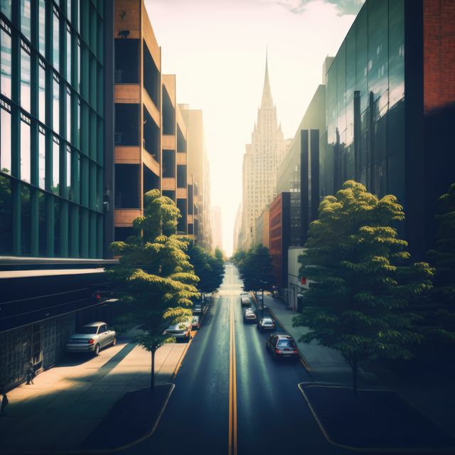 Urban street in city with modern buildings and trees, created using generative ai technology. Urban architecture and cityscape concept digitally generated image.