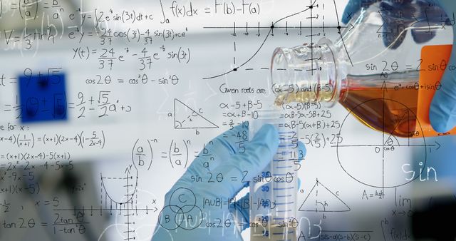 Image of mathematical equations on mid section of scientist performing ...