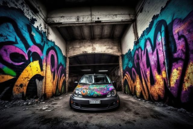 Building with walls and car covered in colorful graffiti created using generative ai technology. Graffiti, urban art and colour concept digitally generated image.