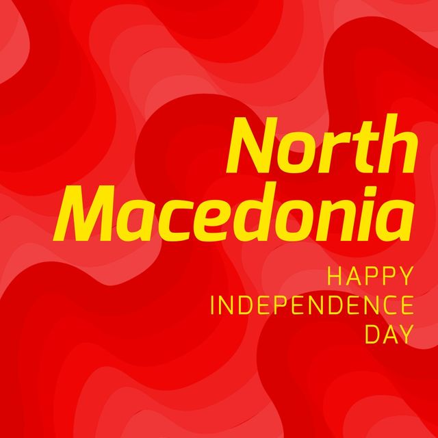 Illustration of north macedonia happy independence day text on red patterned background. Copy space, vector, patriotism, celebration, freedom and identity concept.