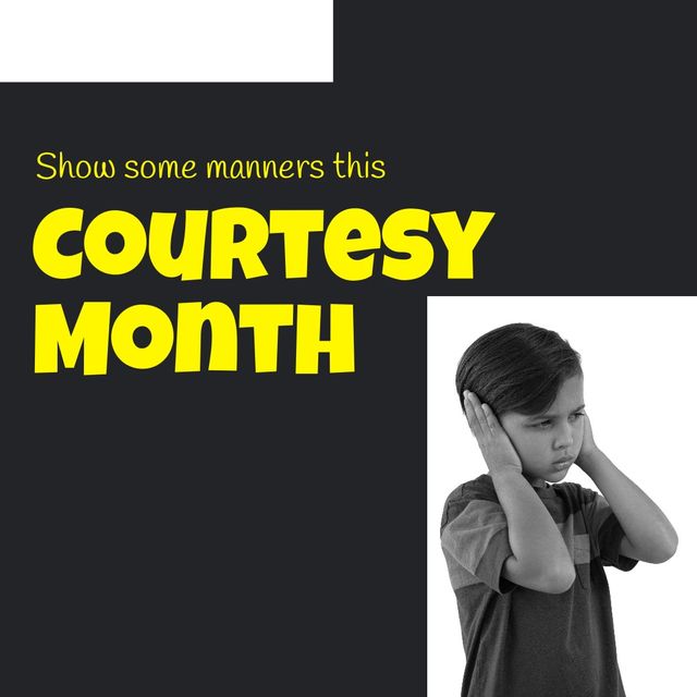 Show some manners text with feared asian boy covering ears on black background. september, childhood, problems, worried, courtesy month, copy space.