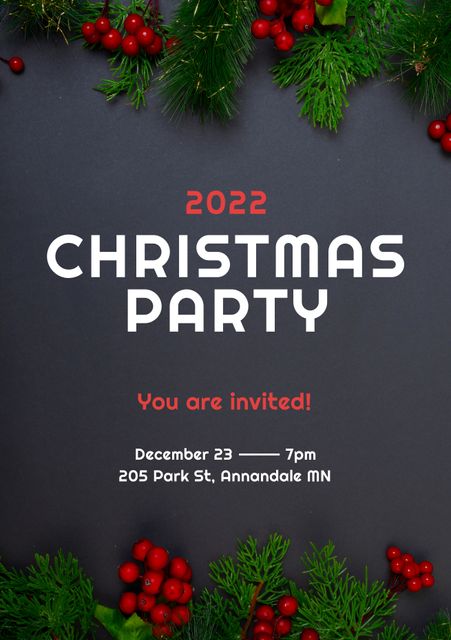 Square image of christmas party text and christmas twigs over grey background. Christmas party and celebrations campaign.