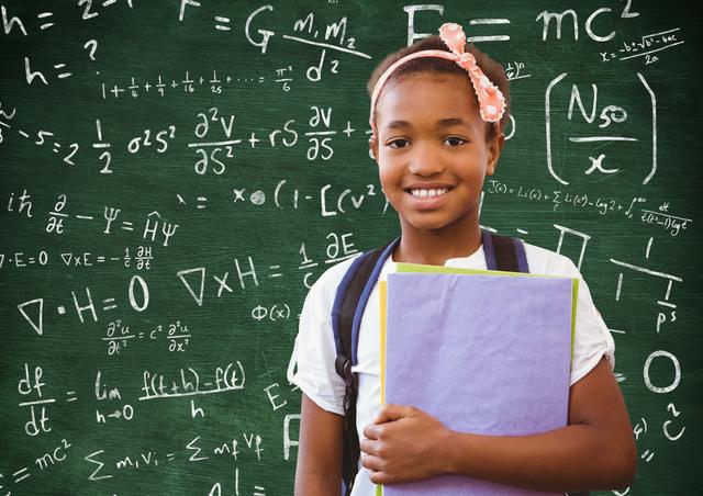 Girl in backpack holding file standing against chalkboard with mathematical symbols and formula - Download Free Stock Photos Pikwizard.com