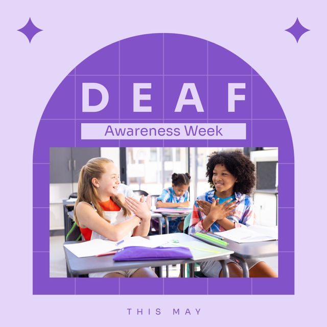 Composition of deaf awareness week text and girls using sign language. Deaf awareness week and disabilities concept digitally generated image.