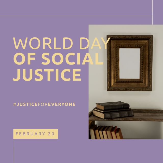 Composition of world day of social justice text and mirror and books. World day of social justice, court and justice system concept digitally generated image.