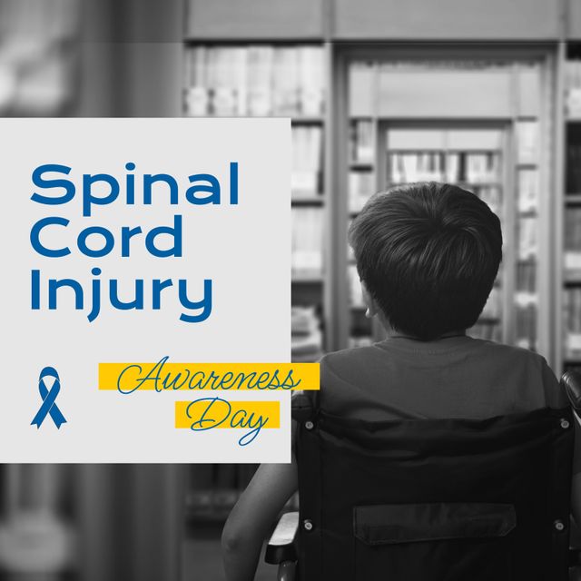 Composition of spinal cord injury awareness day text and caucasian boy in wheelchair. Spinal cord injury awareness and health concept digitally generated image.