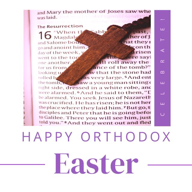 Composite of wooden rosary beads on bible and happy orthodox easter and celebrate text. Christianity, resurrection, tradition, cultures and holiday concept.