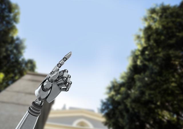 Digital composite of Android Robot hand pointing with sky and trees background