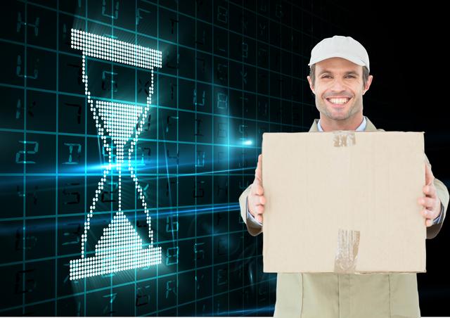 Delivery man holding box against digitally generated hourglass - Download Free Stock Photos Pikwizard.com