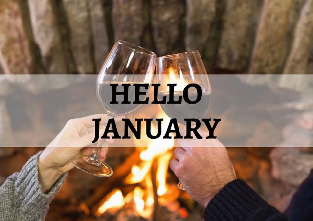 Digital composite image of hello january text over couple toasting wineglass against campfire - Download Free Stock Photos Pikwizard.com