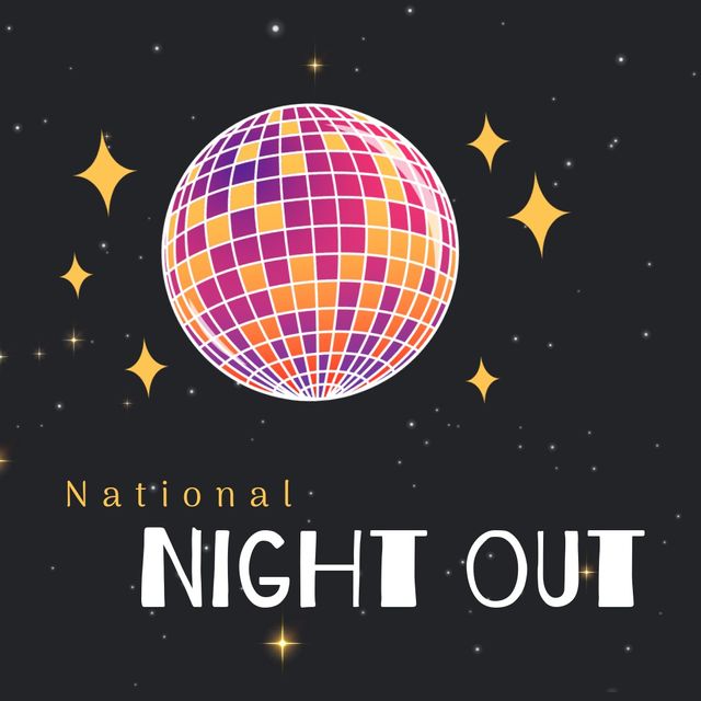 Illustration of illuminated disco ball and national night out text on black background, copy space. celebration, vector, community, police, partnership, crime, awareness and prevention concept.