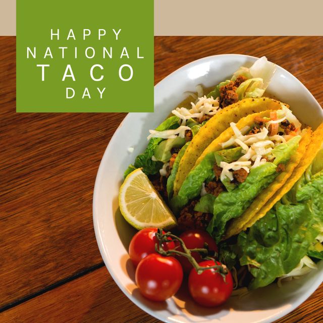 Composition of happy national taco day text with tacos on table. National taco day and celebration concept digitally generated image.