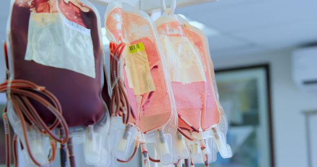 Blood bags hanging on serum hanger in blood bank 4k