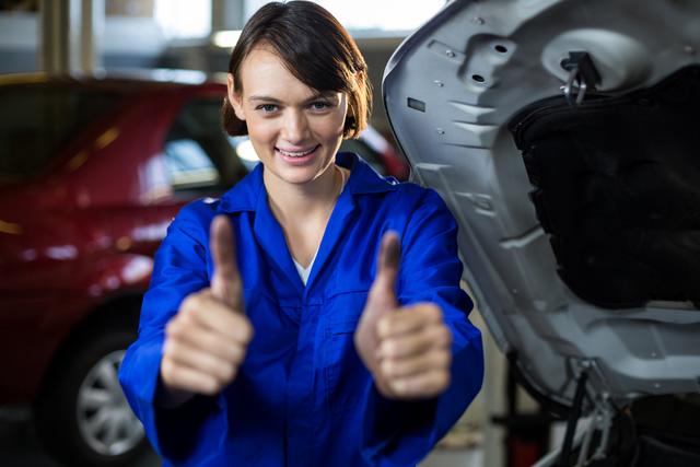 Portrait of female mechanic showing thumbs up - Download Free Stock Photos Pikwizard.com