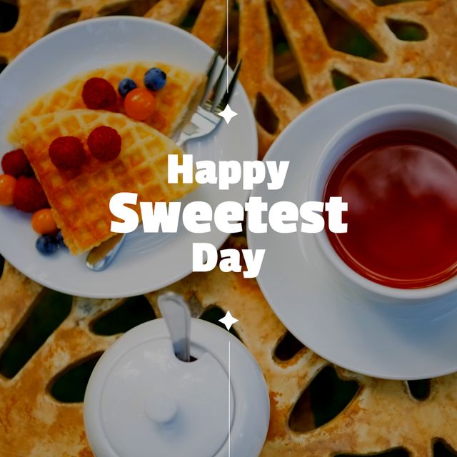 Image of happy sweetest day over cup of tea and waffles. Sweets, confectionery and desserts concept.