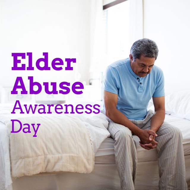 Elder abuse awareness day text in purple over depressed senior biracial man sitting on bed. Abuse of seniors awareness campaign.