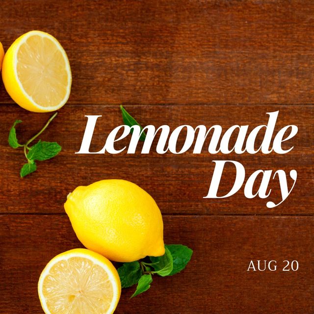 Digital composite of lemonade day and aug 20 text with lemons and mint leaves on wooden table. Citrus fruit, herb, fresh, drink, support, business, charity and celebration concept.
