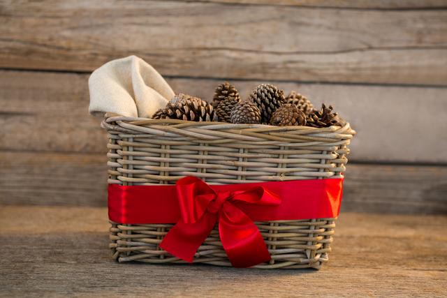 Pine cones in wicker basket tied with red ribbon on wooden plank - Download Free Stock Photos Pikwizard.com