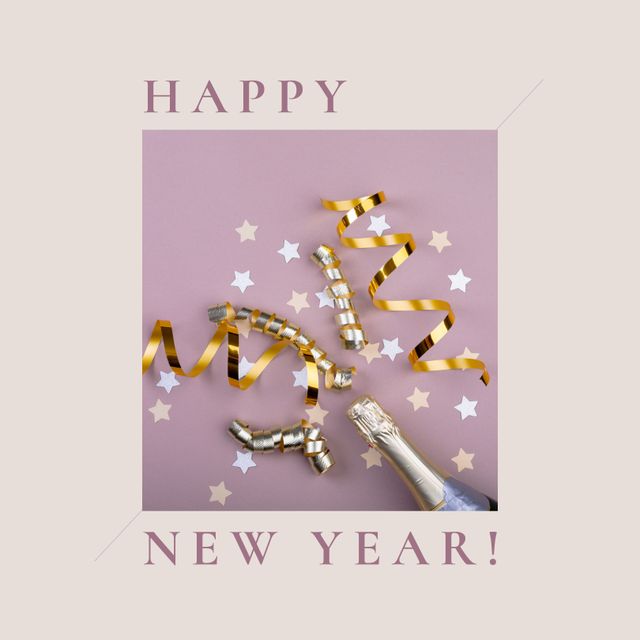 Square image of happy new year, champagne and confetti on violet and beige background. New year, tradition, party and celebration concept.