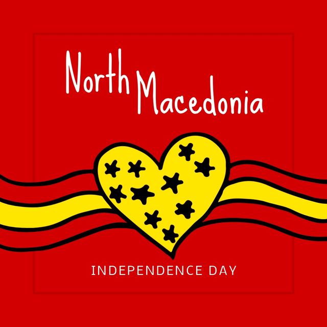 Illustration of north macedonia independence day text with heart shape on red background. Copy space, vector, patriotism, celebration, freedom and identity concept.