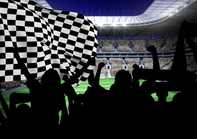 Fans holding checker flag and cheering in stadium - Download Free Stock Photos Pikwizard.com