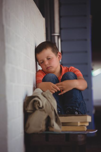 Boy sleeping while sitting on bench by wall - Download Free Stock Photos Pikwizard.com